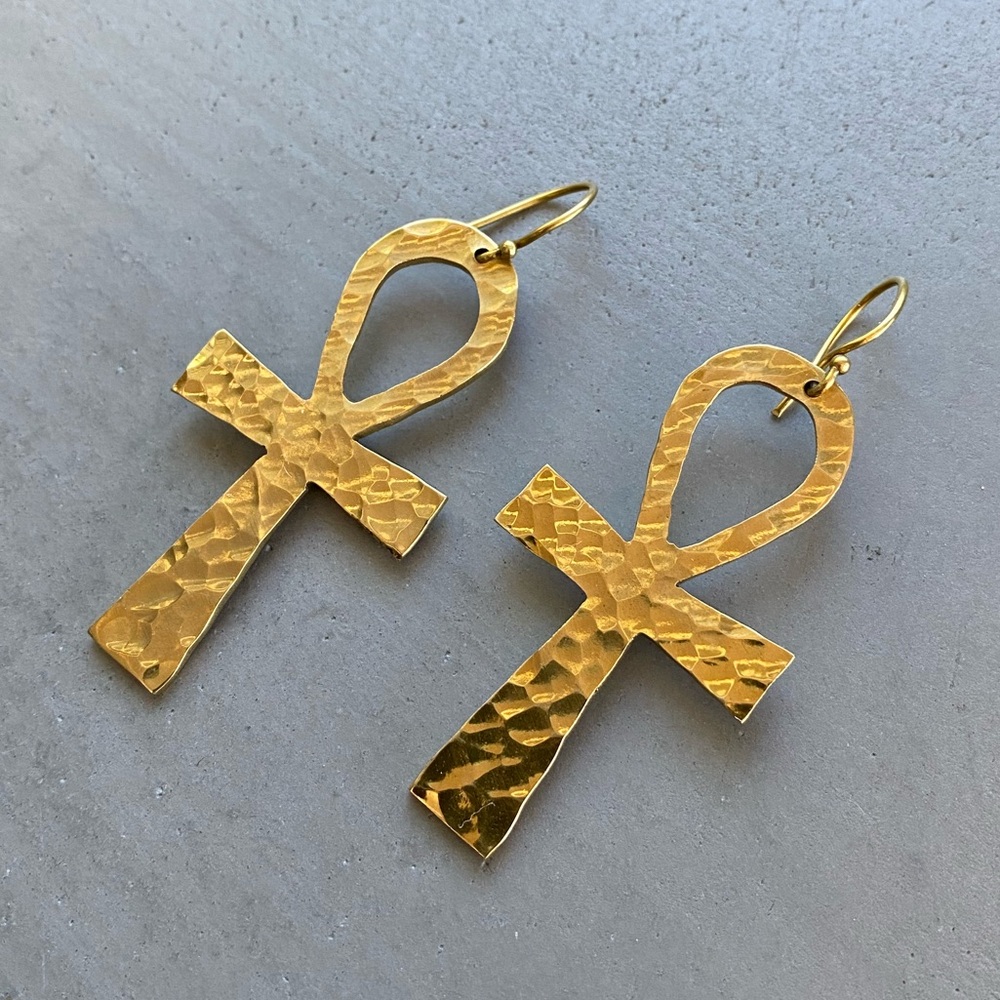 Hammered Brass 2” Ankh Earring Egyptian festival goth tribal sibilia Free People